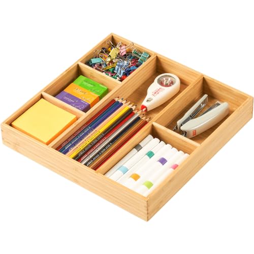 Umilife Bamboo Desk Drawer Organizer, Wood Office Junk Tray, 12"x12" | 1.8" Tall for Shallow Drawer - Adjustable dividers - Anti Slip Silicone Pads - Versatile Storage Box in Kitchen, Pantry - size: 12"x12"