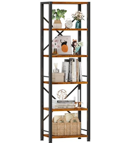 Furologee 5 Tier Book Shelf, Tall Wide Bookshelf, Industrial Open Bookcase, Display Shelves Storage Organizer, Shelving Unit for Living Room, Home Office, Bedroom, Rustic Brown | 20'' Wide Industrial Storage Shelves with X Crossbar, Shelving Units for Bed