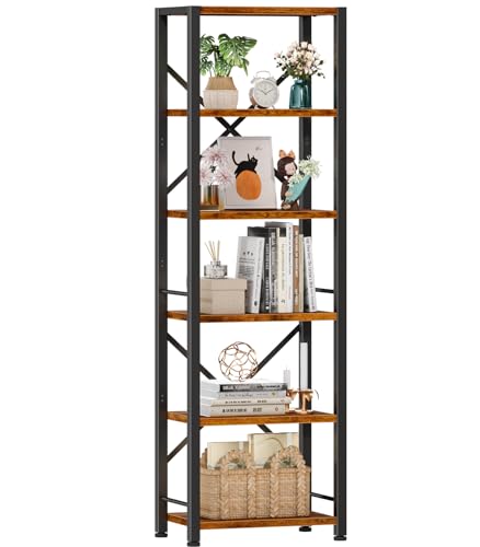 Furologee 6 Tier Tall Bookshelf, Industrial Narrow Bookcase, Display Standing Shelf Units, Metal and Wood Storage Rack Organizer for Living Room, Home Office, Entryway, Kitchen, Rustic Brown | 59.6'' Tall Industrial Display Shelf, Freestanding Units for B