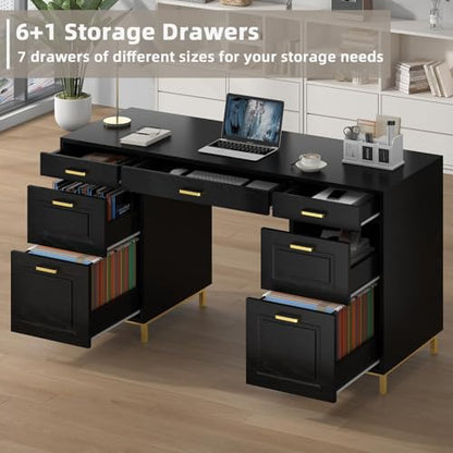 MaverickFurni Black Computer Desk with 7 Drawers, 57 Inch Home Office Desk with File Drawers, Wood Modern Desk with Storage for Bedroom, Executive Desk with Golden Legs and Handles, Black and Gold - color: Black