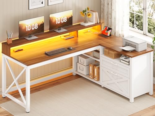 SEDETA Farmhouse L Shaped Desk, 55" Home Office Desk with Drawers and Storage Shelves, L Shaped Gaming Desk with LED Lights, Power Outlet and Monitor Shelf, Brown - color: Brown