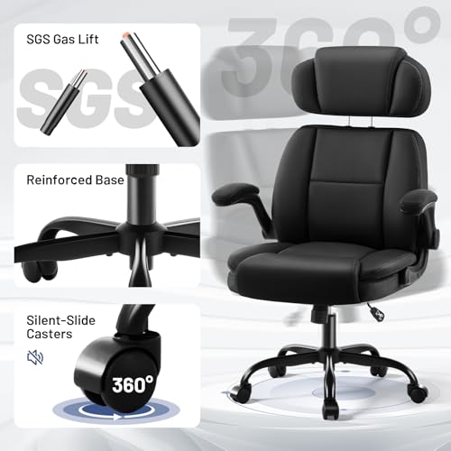 Ergonomic Office Chair with Lumbar Support, 400lbs Heavy Duty Big and Tall Executive Desk Chair, PU Leather High Back Computer Chair with Flip-Up Arms & Adjustable Headrest, Black - color: Black, size: Adjustable Headrest Office Chair