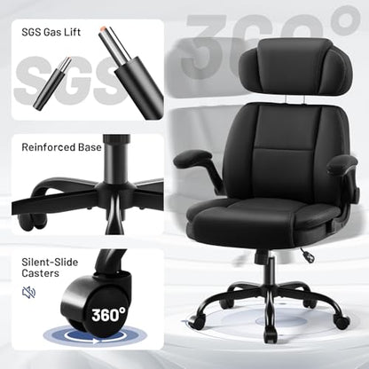 Ergonomic Office Chair with Lumbar Support, 400lbs Heavy Duty Big and Tall Executive Desk Chair, PU Leather High Back Computer Chair with Flip-Up Arms & Adjustable Headrest, Black - color: Black, size: Adjustable Headrest Office Chair