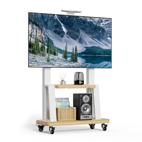 Mobile TV Stand on Wheels for 32-75 Inch TVs | With Top Projector tray& 2-Tier Storage Height Adjustable Heavy-Duty Holds up to 180lbs,Max VESA 600 * 400mm - color: White