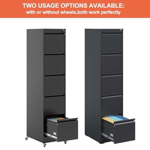 IKIMI 5 Drawer Mobile File Cabinet with Lock,Black Metal Filing Cabinets - color: Black, size: 5 Drawers with Wheels