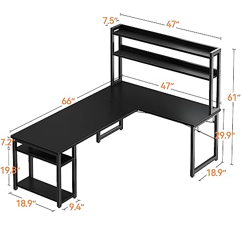 ODK L Shaped Gaming Desk with Hutch, Computer Desk with Storage Shelves, 66" L Shaped Desk for Home Office, Corner Desk with Headphone Hook, Black - size: 66 Inch