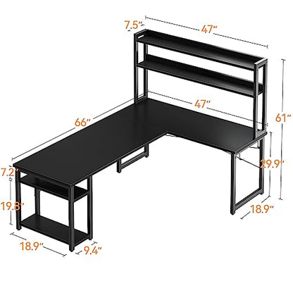 ODK L Shaped Gaming Desk with Hutch, Computer Desk with Storage Shelves, 66" L Shaped Desk for Home Office, Corner Desk with Headphone Hook, Black - size: 66 Inch