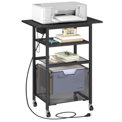 HOOBRO Printer Stand with Hanging File Drawer, Rolling Printer Cart on Wheels, Mobile Filing Cabinet Storage Shelf, Home Office Desk Side Organizer, Black BB17UPS01 - color: Black
