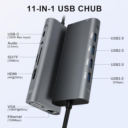 USB C Hub Multiport Adapter, 11 in 1 USB C Docking Station with 4K HDMI, 1080P VGA, 100W PD, USB 3.0, RJ45 Ethernet, TF/SD Card Reader, 3.5mm Audio, USBC Dongle for MacBook Pro/Air, Windows, Laptops - color: Grey 06-USB C Hub