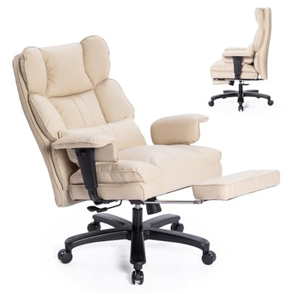 Big and Tall Office Chair with Foot Rest,Heavy Duty Office Chair(Beige) | PU Leather High Back Wide Desk Chair, Comfortable Executive Office Chair,135° Reclining, Adjustable Padded Armrests - color: Beige