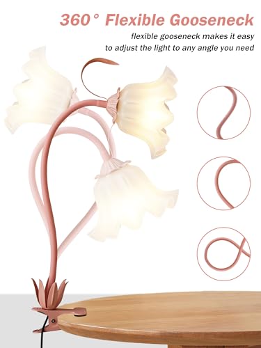 Desk Lamp Flower Clip on Light,3 Color Modes Book Light Flexible Gooseneck LED Reading Light with Clamp Eye-Care Clip on Lamp for Bed Headboard Study Office Dorm (Pink Lamp) - color: Pink Lamp