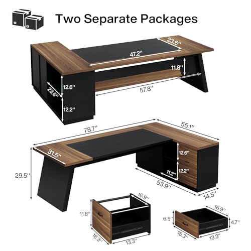 Tribesigns 78" L-Shaped Executive Desk, Extra Large Modern Office Desk with Drawers and File Cabinet, Business Furniture with Storage Shelves, Big Computer Desk for Home Office (Light Walnut + Black) - color: Light Walnut + Black