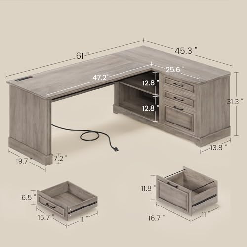 SEDETA Farmhouse 61" Executive Office Desk with Drawers for Home Office - color: Grey, size: L Shaped Desk