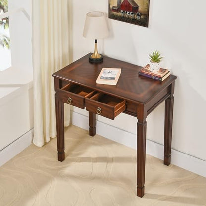 Wood Writing Desk with 2 Drawers, Small Vanity Desk, Cherry Walnut - size: 31.5"W
