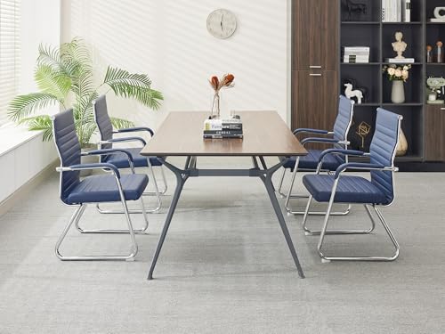 Okeysen Office Guest Chairs Set of 4, Modern Leather Reception Chairs with Mid Back & Sled Base, No-Wheel Desk Chairs for Waiting Room & Conference Room - color: Blue Leather/Silver Frame, size: Set of 4
