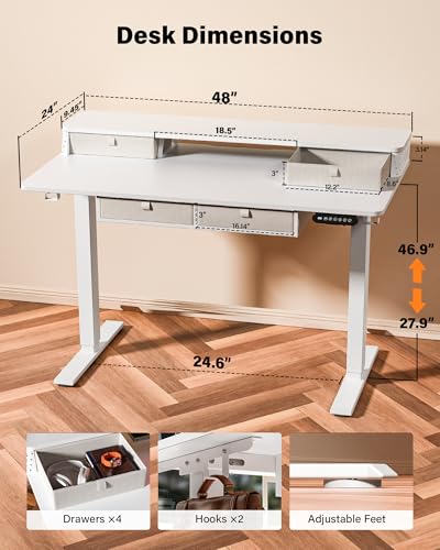 FiCiHi 48x24 Inch Electric Standing Desk, 4 Drawers, Adjustable Height Desk - color: White, size: 48"x24" (4 Drawers)