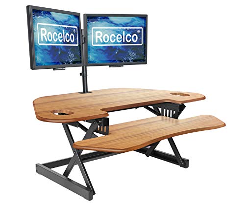 Rocelco 46" Height Adjustable Corner Standing Desk Converter with Dual Monitor Arm BUNDLE - Quick Sit Stand Up Computer Workstation Riser - Extra Large Keyboard Tray - Teak Wood Grain (R CADRT-46-DM2) - color: Teak/Black, style: Riser + Dual Mount