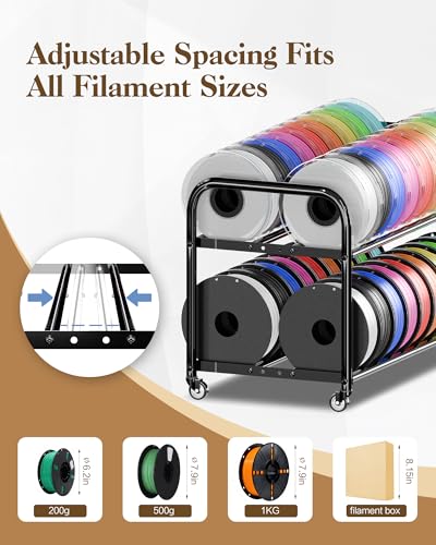 2 Tier Rolling Filament Rack, Holds 40+ 3D Spools, Under Desk Storage | Adjustable for 250g-1KG Spools, 360° Smooth Wheels, Compact 16.5" Wide, Tool-free Assembly. Perfect for 3d Farms Studios - color: Large