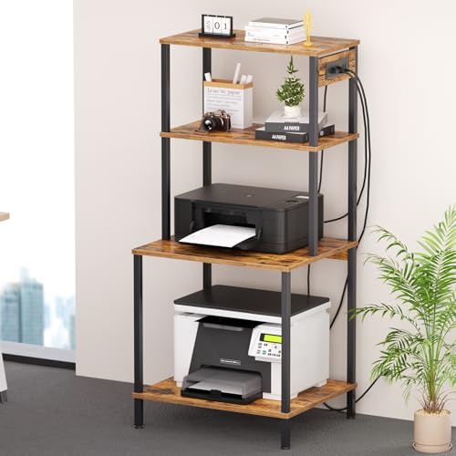 Large Printer Stand with Charging Station, Printer Table for Home Office | 49"Tall 4-Tier Printer Stand with Storage, Mobile Heavy Duty Printer Table with Lockable Wheels, Storage Shelf (Rustic Brown) - color: Rustic Brown, size: Large with Charger