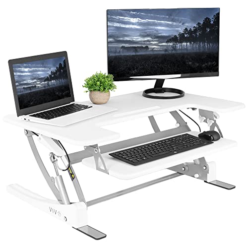 VIVO White 36 in Standing Desk Converter, DESK-V000VW | Height Adjustable, Stand Up Desk Riser, Wide Keyboard Tray, Dual Monitor and Laptop Workstation, White Frame, V Series - color: White, size: 36"