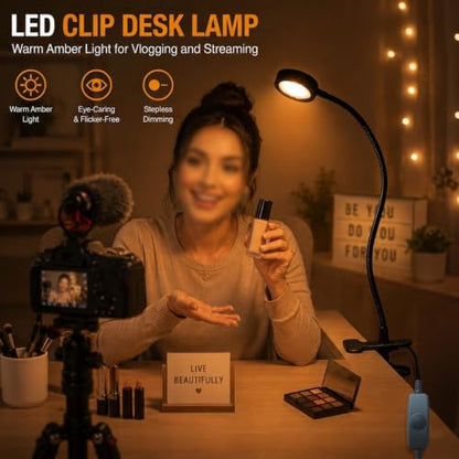 USB Clip-On Desk Lamp Eye Caring Dimmable Reading Light (Amber Light, 8W) | Dimmable, Inline Switch, 1M Timer, USB 5V Port, 1800K, 81inch Long Cable, Flexible Gooseneck， Metal Head and Clip - color: Amber Light