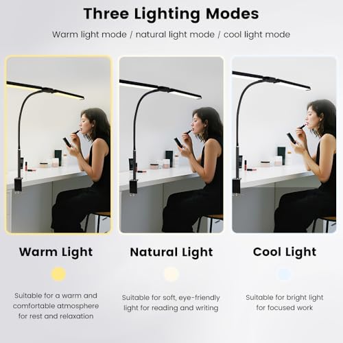33" Ultra Wide LED Desk Lamp with Clamp,Double Head Adjustable Architect Light,Eye-Caring Monitor Lamp for Home Office,Flexible Gooseneck Task Lamp,10 Brightness Levels & 3 Color Temperature Modes