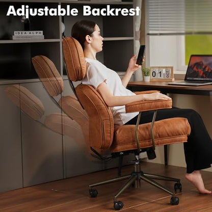 Brown Leather Home Office Chair, Ergonomic High Back Executive Chair with Deep Seat Thick Cushion, Mid Century Modern Big and Tall Computer Desk Chair with Lumbar Support (Light Brown Suede) - color: Brown,suede Fabric, size: Big High Back