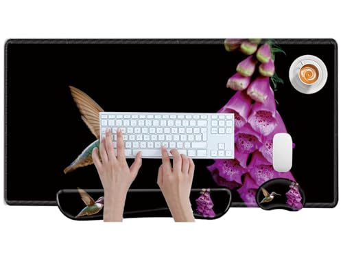 Large Mouse Pad and Keyboard Wrist Rest 31.5x15.75 Desk Mat 3 in 1 Keyboard Wrist Support for Women Girly Mousepad Hummingbird Computer Mat with Non-Slip Rubber Home Office - color: Hummingbird
