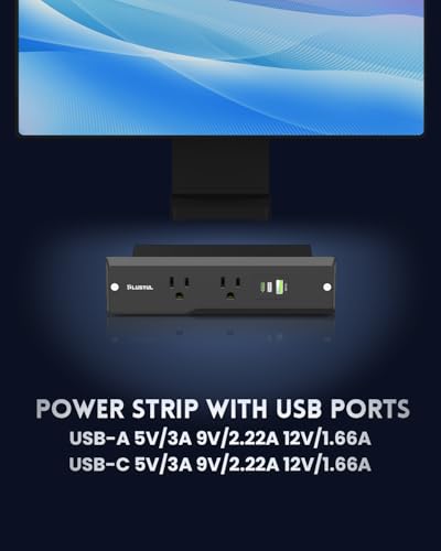 PLUGTUL Recessed Power Strip, 10 FT, PD 20W Fast Charging, Flat Plug, 14 Gauge, 980J Surge Protector, Black with USB C - size: 10FT