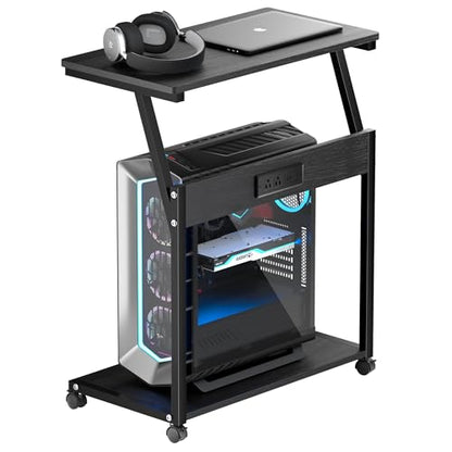 FANXIYQ Computer Tower Stand with Charging Station, Adjustable Height PC Tower Stand for Floor & Carpet, Rolling CPU Holder Cart with Top Shelf, Under Desk PC Cart, Black - color: Black
