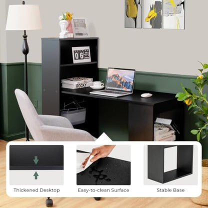 Tangkula Computer Desk with Bookshelf, Writing Study Desk with Storage Shelves & CPU Stand, Modern Compact Computer Workstation for Home & Office, Space-Saving Design (Black) | Bookcase Desk w/Bookshelf Storage Shelves & CPU Stand, Space-Saving Design Mod