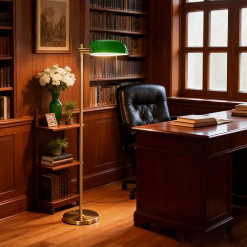 Vintage Modern Bankers Reading Floor Lamp, Gold Metal Standing Lamp with Adjustable Swing Arm, Swivel Green Glass Lampshade and Pull Chain for Living Room, Reading Nook, Office, Bedroom