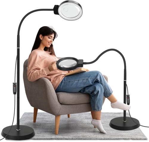 10X/30X Magnifying Glass with Light and Stand, 2-in-1 Magnifying Floor Lamp with 72 Adjustable Brightness LED Lamp Bulbs, Flexible Gooseneck Standing Magnifying Lamp for Close Work, Craft, Reading