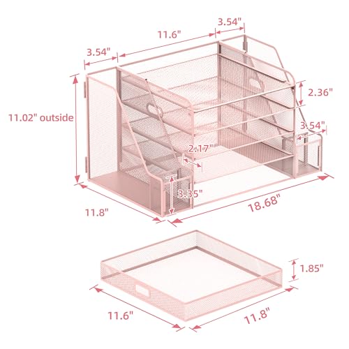 SUPEASY Mesh Desk Organizer with File Holder, 5-Tier Paper Letter Tray Organizer with Magazine Holder, Desktop Organizer and Storage with Drawer for Office Supplies Home or School (Pink) | Two side magazine holders and a bottom drawer store papers, folder