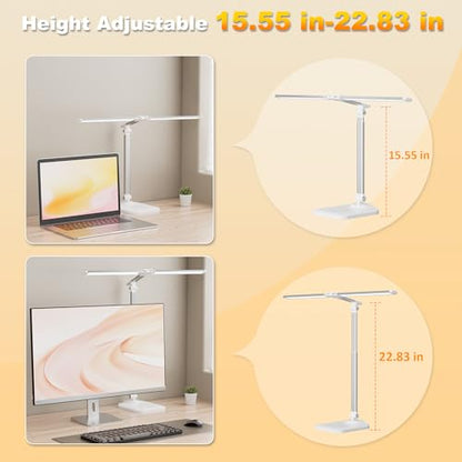 LED Desk Lamp for Home Office, Height Adjustable Architect Desk Light | with USB Adapter, Dimming 50 Lighting Modes, Eye Caring Double Head Computer Desk Lamp for Reading, Study, Workbench - color: White