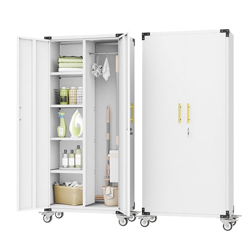 pozdeg 71" White Rolling Lockable Metal Broom Closet Storage Cabinet | Built-in Hooks & Hanging Rods, Tall Freestanding Cleaning Tool Cabinet for Garage, Home & Office ﻿ - color: White, size: 15.7"D x 31.5"W x 71"H