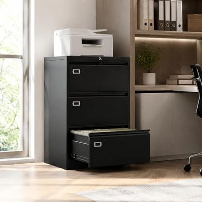 40 Inch 3 Drawer Metal Filing Cabinet, Black Office Storage Cabinet with 0.6mm Cold Rolled Steel, Business Card Label Slot, Vertical Metal File Cabinet for Office Home Workspace - size: 40in 3drawers