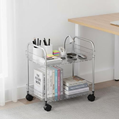 2 Tier Utility Rolling Cart with Wheels Multifunctional Storage Cart Under Desk Storage Organizer with Handle and Hooks for Home Kitchen Office Bathroom Organization Transparent