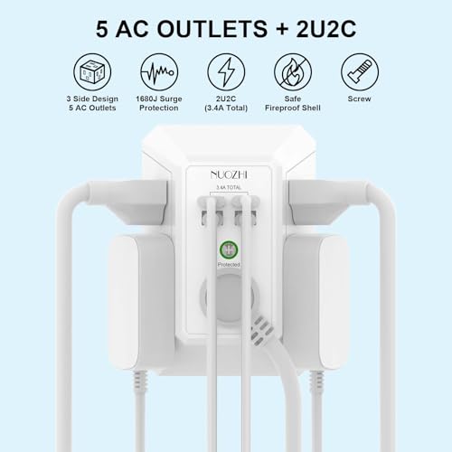 Surge Protector, Wall Charger, NUOZHI 5 Outlet Extender with 4 USB Charging Ports(2USB-C), 3-Sided 1680J Power Strip Multi Plug Adapter Spaced for Home Travel Office, White - color: White(Non-Night Light), size: 5 Outlets