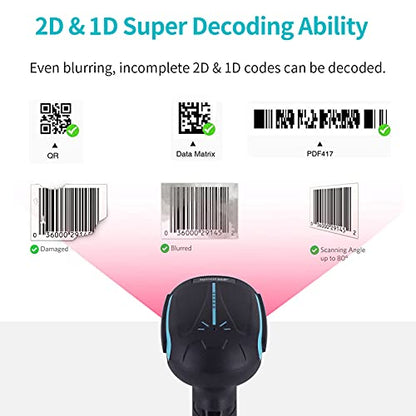 Alacrity 2D 1D QR Industrial Barcode Scanner with Stand, 2.4GHz Wireless Bluetooth 2 in 1, Hands Free Barcode Reader Shock Dust Proof, Blue
