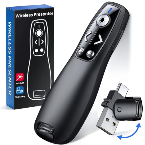 Presentation Clicker with USB-A & USB-C Receiver, 2.4GHz Wireless Presenter Remote with Volume Control & Red Light Pointer, Clicker for PowerPoint Slides Slide Advancer for Mac Computer, Plug & Play - color: Black