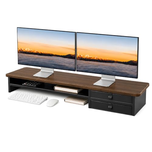 Dual Monitor Stand, 42.5 Inch Wood Monitor Riser with Drawers, 2 Tier Desktop Organizer for Computer Laptop TV, Large Screen Stand for Home Office Desk - color: Dark Walnut