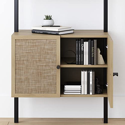 Nathan James Theo Industrial Open Shelf Bookcase with Accent Rattan Drawers Light Oak Wood, Matte Black Frame, Set of 4 - color: Theo Light Oak/Black, size: Set of 4