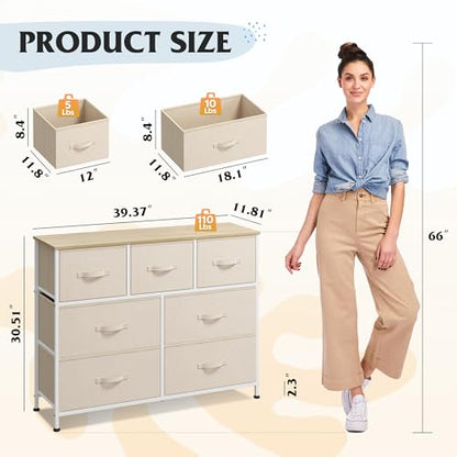 WLIVE 7 Drawer Dresser TV Stand, Entertainment Center, Media Console Table with Metal Frame and Wood Top for TV up to 45 inch, Chest of Drawers for Bedroom, Living Room, Cream White - color: Cream White
