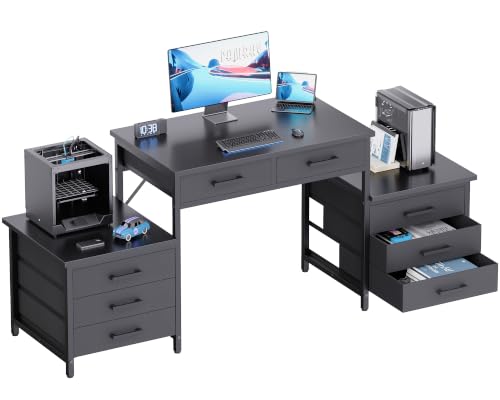Pamray 63 Inch Office Desk with 8 Drawers and Printer Shelves for Computer | Space-saving, Ample Storage, Large Workspace, Easy Assembly, Sturdy, Suitable for Home Office Study Gaming, Bedroom and Dorms - color: Black