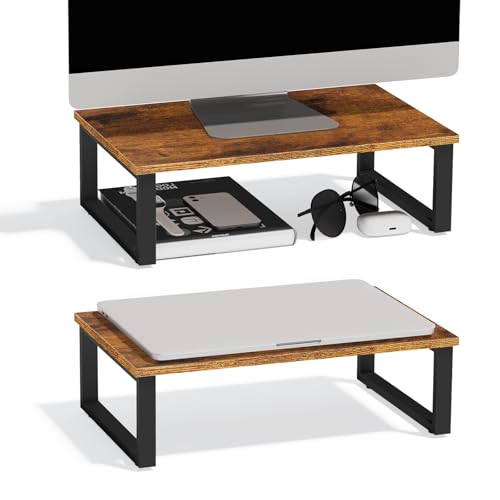 Wood Monitor Stand Riser, 2 Pack Desktop Laptop Riser for Dual Monitors & Printer, Engineered Wood Ergonomic Desktop Riser for Office PC Laptop, Rustic Brown