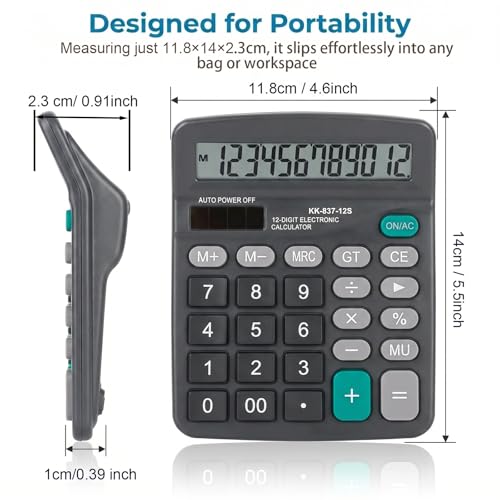 Marte Vanci 12-Digit Desk Calculator with Solar & Battery Power - color: Black