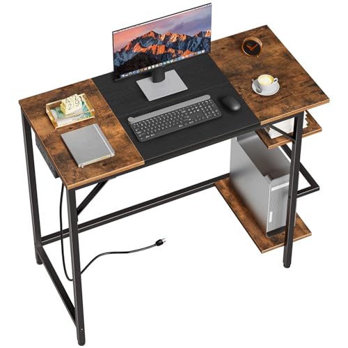 HOOBRO Small Computer Desk, 35.4 Inch Home Office Desk with Power Outlet, Writing Desk with 2 Shelves, Modern Small Desk for Home Office, Study, Easy to Assemble, Rustic Brown and Black BF43UDN01 - color: Rustic Brown + Black