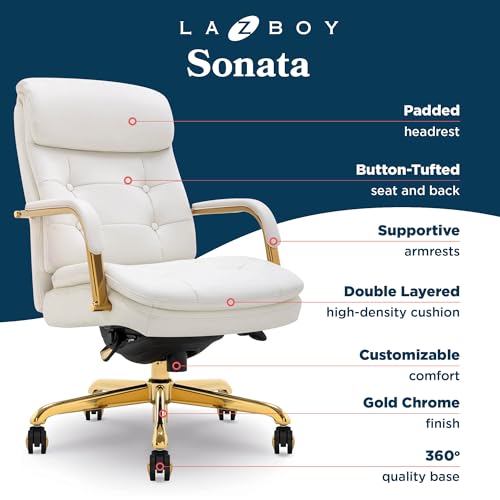 La-Z-Boy Sonata Ergonomic Bonded Leather Swivel Executive Chair, White and Gold (CCHR10014A) - color: Beige