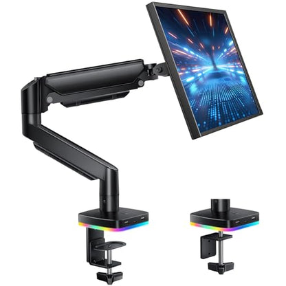 RGB Single Monitor Stand, Gas Spring Monitor Arm with 3 USB Ports, Charging and USB Data Transfer Function, Desk Mount for 13"-32" Monitors up to 19.8lbs, Adjustable Height, Tilt, Swivel, Rotate